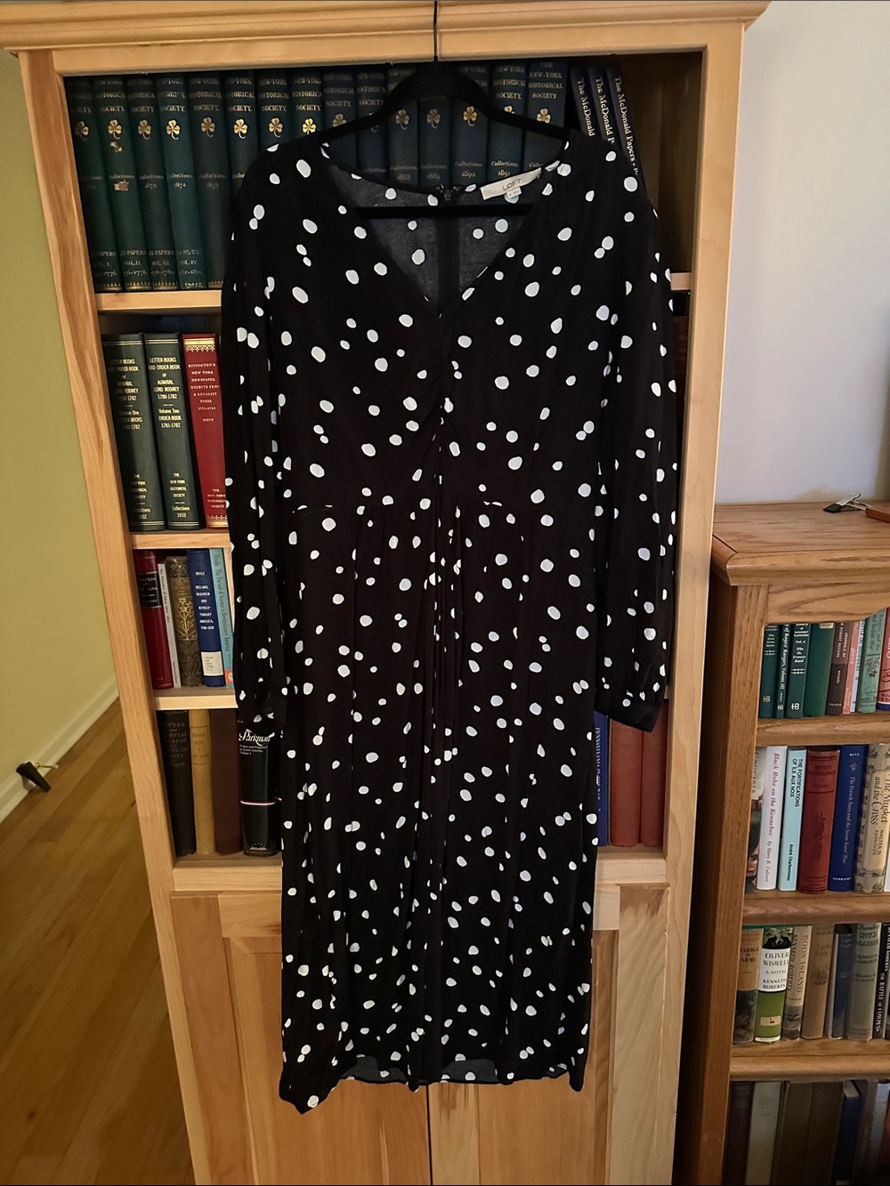 LOFT Black Dress with White Polka Dots — Long Sleeve